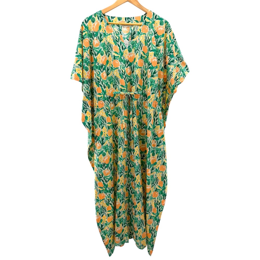 Mahogany Simu Kaftan Dress Green Orange Floral Cotton Maxi One Size Resort New
